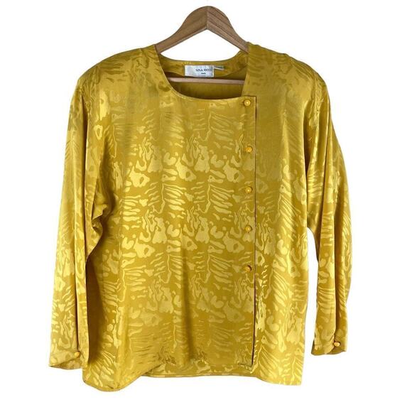 Vintage Nina Ricci 100% Silk Jacquard Long Sleeve‎ Blouse in Yellow, Size 8 - Picture 1 of 14